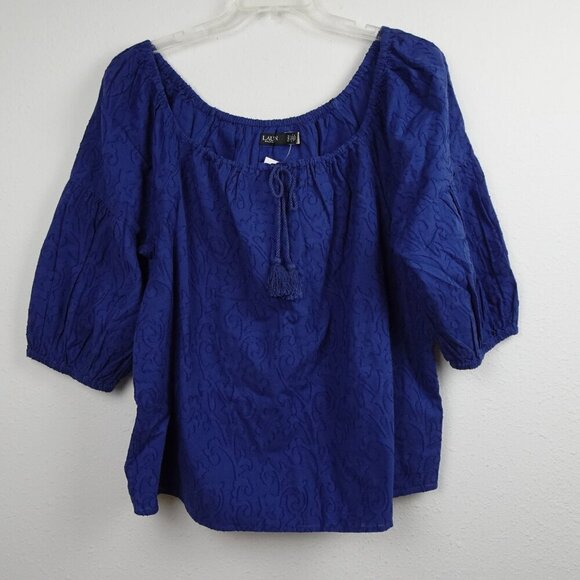 Ralph Lauren Cotton Tassel Tie Top Women's Plus Size 1X Blue Peasant Jacquard - Picture 1 of 8